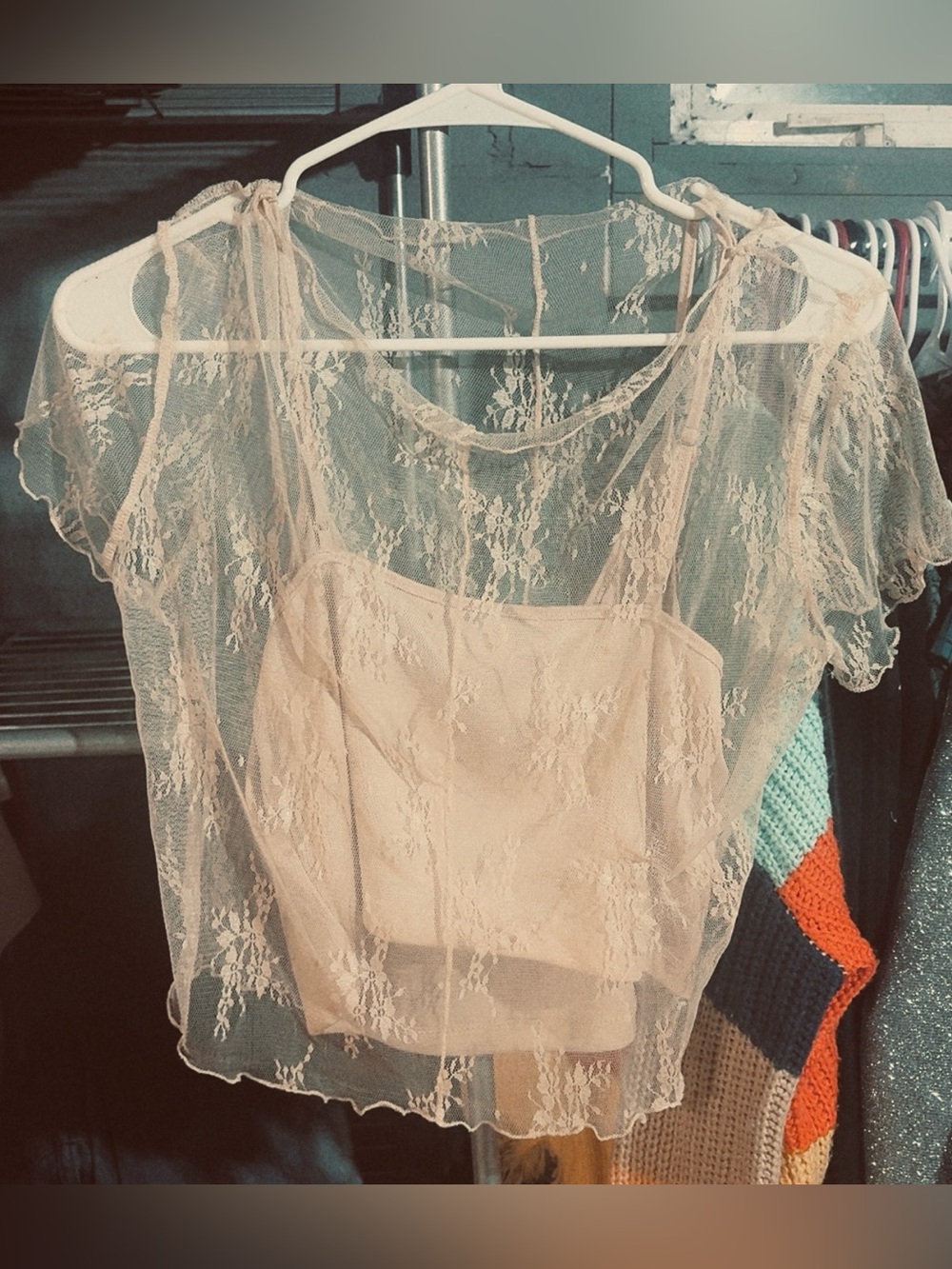 Sheer Lace Tie-Shoulder Camisole in Nude
